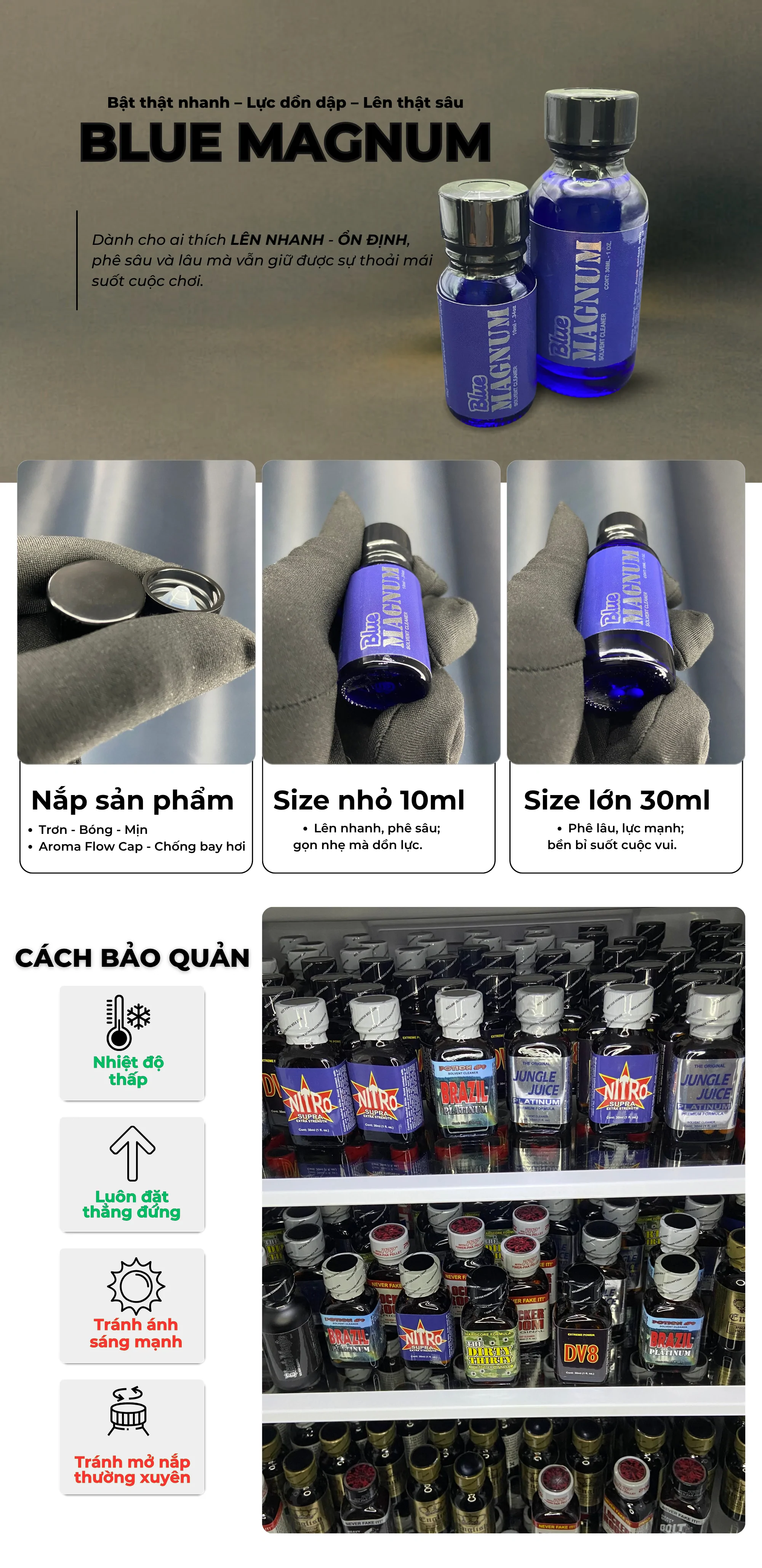 Poppers Blue Magnum chính hãng USA, lực lên nhanh, phê sâu, kéo dài bền bỉ. Hình ảnh mô tả sản phẩm size 10ml và 30ml, nắp chống bay hơi, cùng hướng dẫn bảo quản đạt chuẩn.