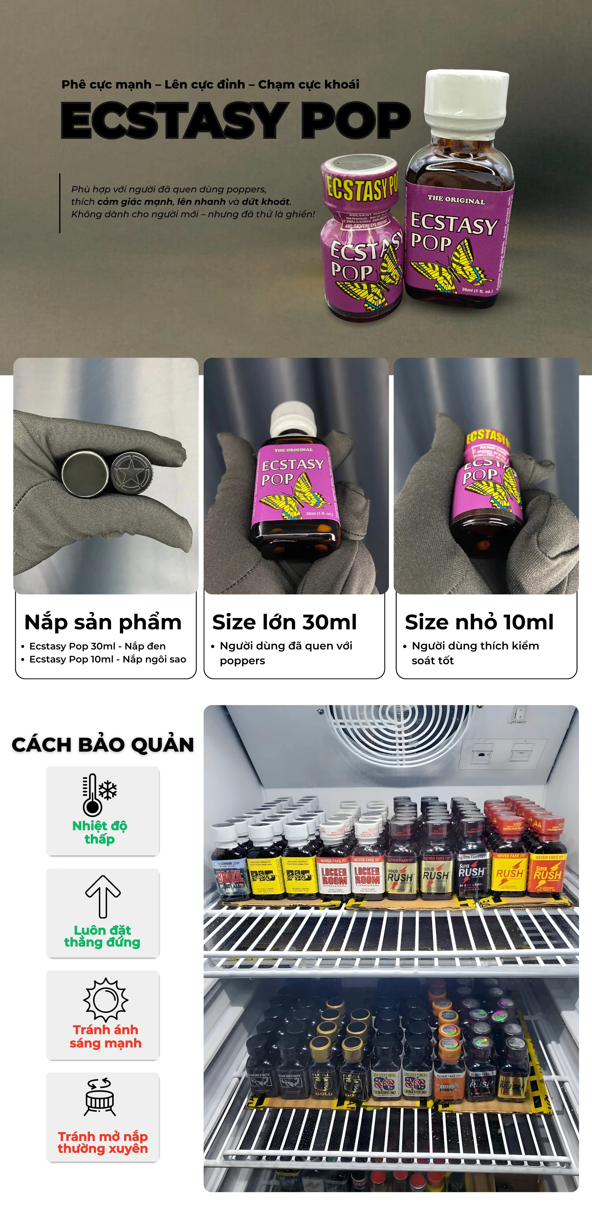 Poppers Ecstasy Pop chính hãng – Mẫu 10ml & 30ml, thiết kế màu tím nổi bật, tem bướm vàng đặc trưng, dành cho người thích cảm giác cực mạnh