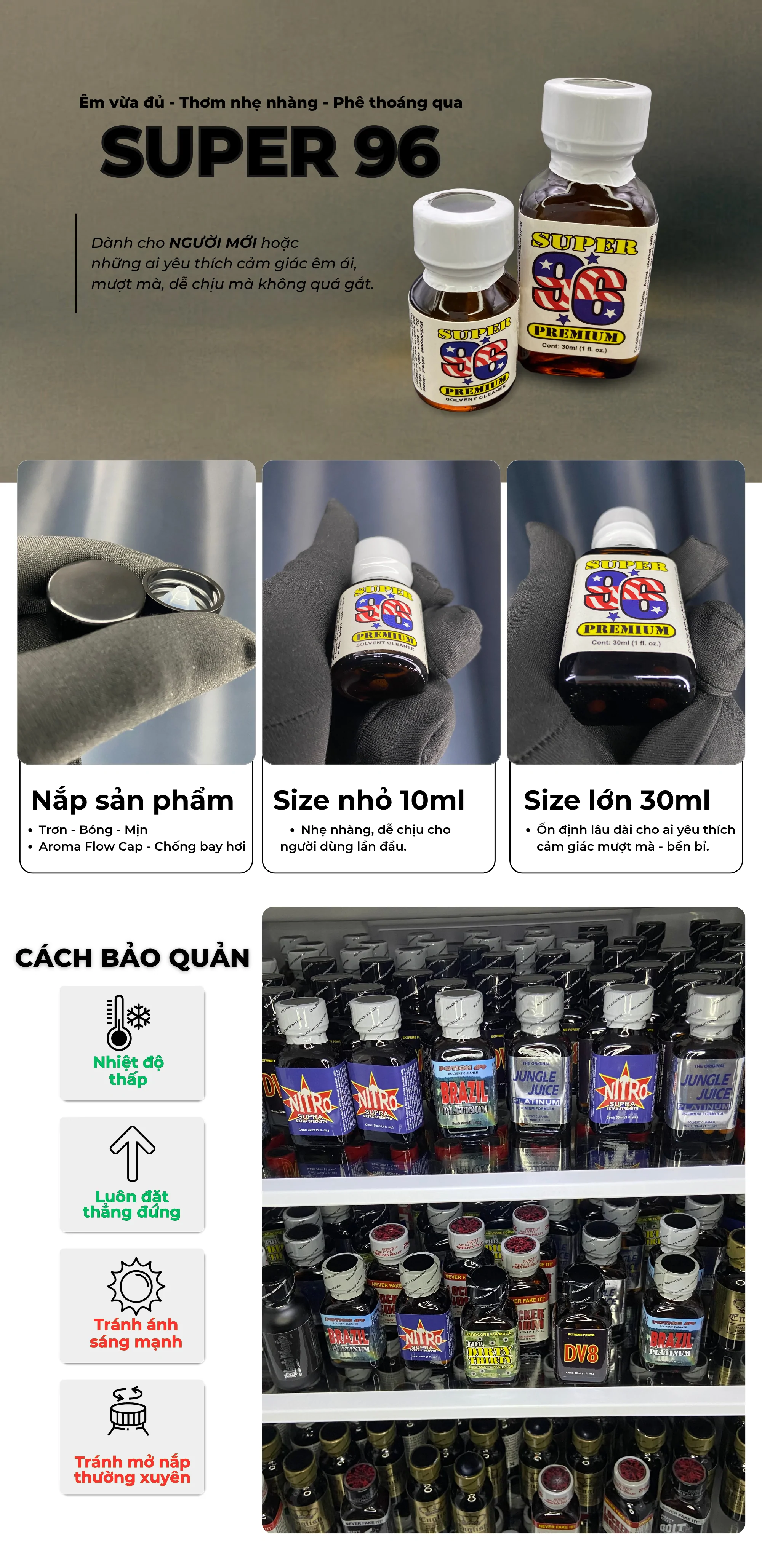 Super 96 popper chính hãng USA, phiên bản 10ml và 30ml mới nhất 2025 với thiết kế nắp Aroma Flow Cap chống bay hơi, dễ sử dụng cho người mới, phê nhẹ nhàng, bảo quản chuẩn tủ lạnh để giữ mùi lâu và ổn định cảm giác khi dùng.