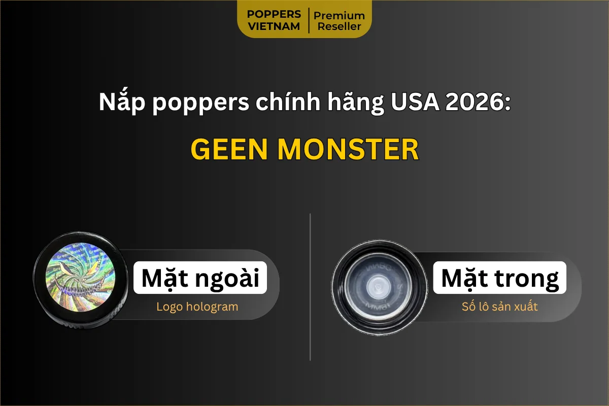 Hình ảnh là 2 bề mặt của nắp chai popper Sub-Zero Green Monster 15ml. Nắp bên ngoài có logo hologram chống hàng giả, mặt trong khắc số lô dập nổi.