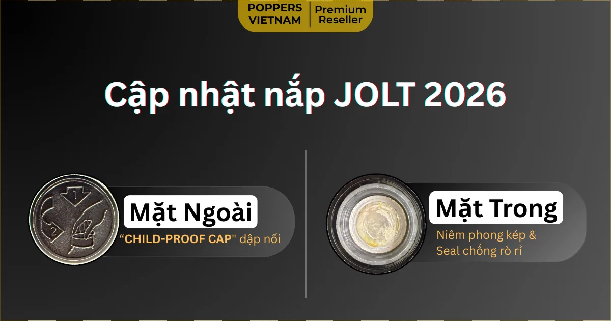 Cận cảnh 2 mặt nắp chai popper Jolt: Mặt trong và mặt ngoài.