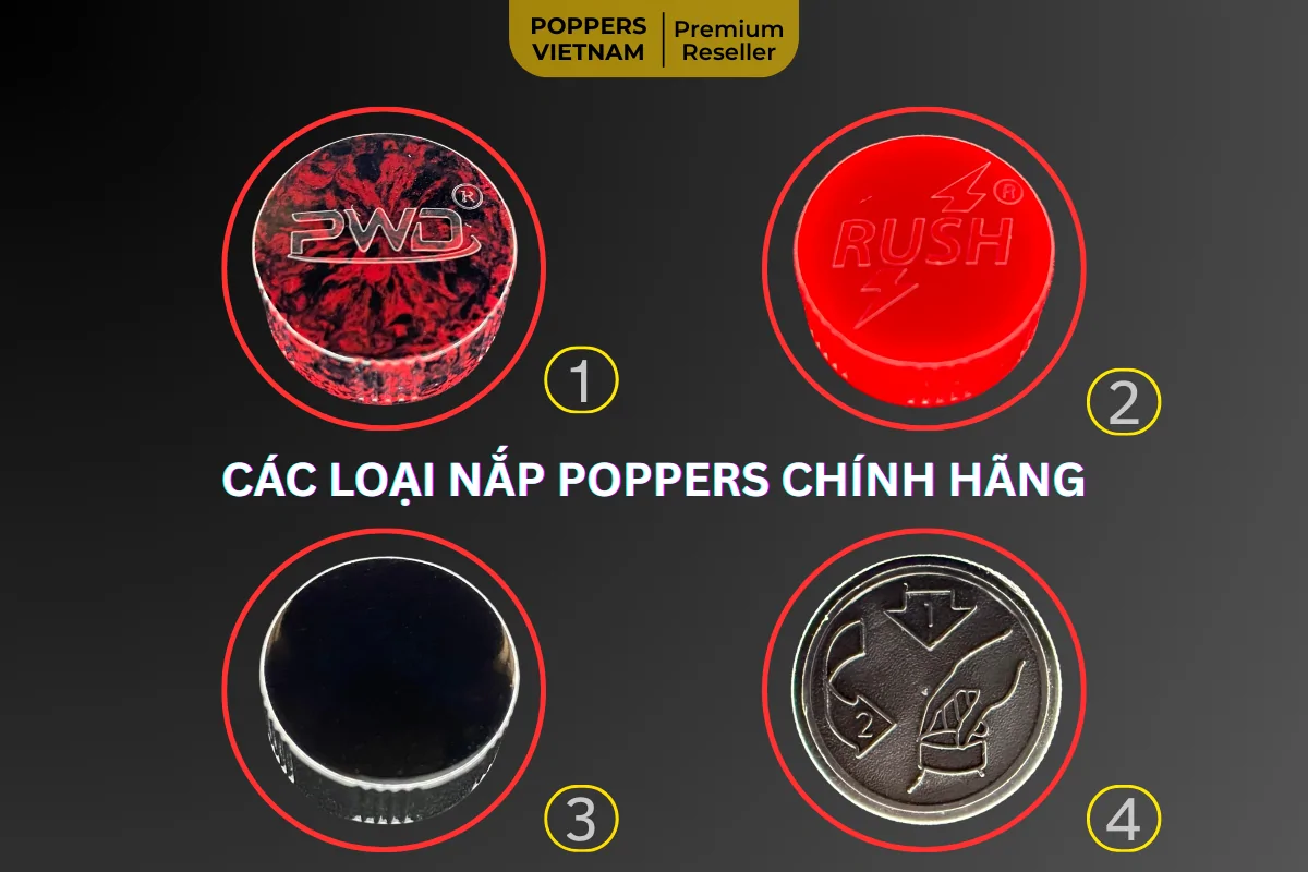 hình minh họa các loại nắp poppers chính hãng ở Hà Nội, các loại nắp được so sánh bao gồm: (1) & (2) là của PWD - Mỹ, (4) là của Jolt - Pháp & (3) là các sản phẩm còn lại - Mỹ.
