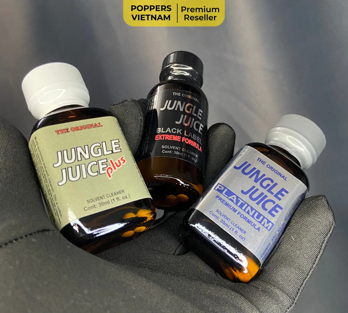 Nhận diện nhãn chai Poppers Jungle Juice chính hãng – luôn ghi rõ “Solvent Cleaner” dưới tên sản phẩm.