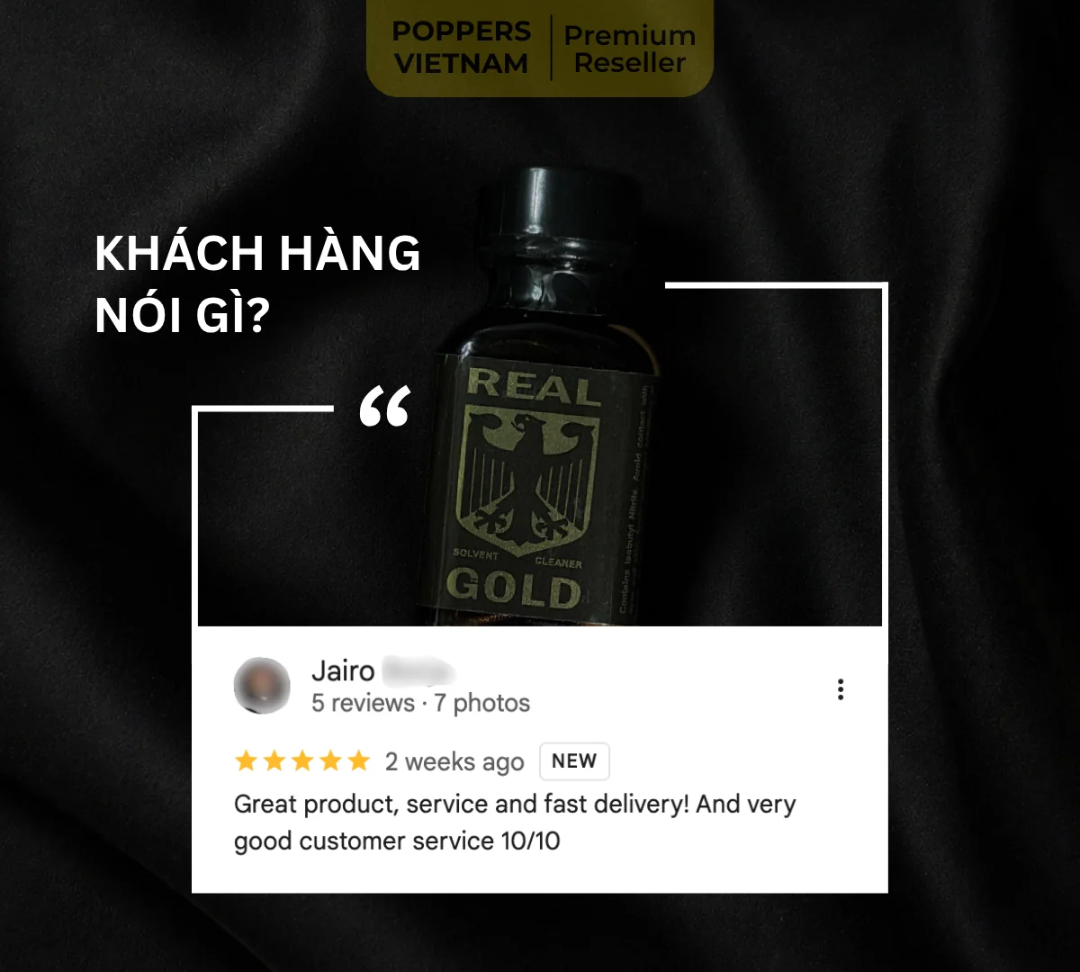 Hình ảnh là chai popper Real Gold 30ml kèm đánh giá thực tế của khách hàng tại Google Maps của Poppers Việt Nam.