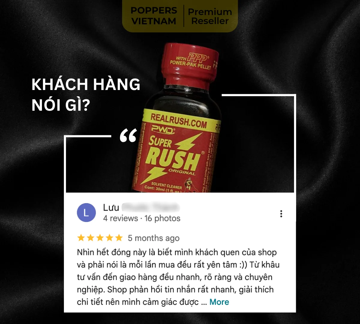 Hình ảnh là chai popper Super Rush 30ml kèm đánh giá thực tế của khách hàng tại Google Maps của Poppers Việt Nam.