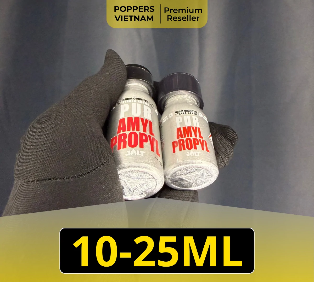 Hình ảnh là chai popper thứ ba (cuối cùng) thuộc nhóm cao cấp nhất: Jolt Mix (Propyl Amyl). Sản phẩm này có nền kim loại óng ánh là chủ đạo kết hợp với biểu tượng "JOLT" đỏ rực.