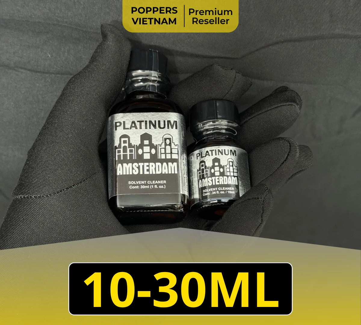 Hình ảnh là 2 chai popper Amsterdam PƠlatinum 10ml và 30ml.