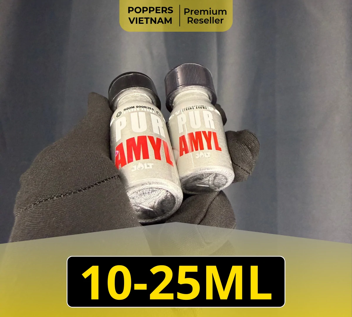 Hình ảnh là 2 chai popper Jolt Pure Amyl 10ml và 25ml. Thiết kế vỏ nhôm sang trọng & kín đáo.