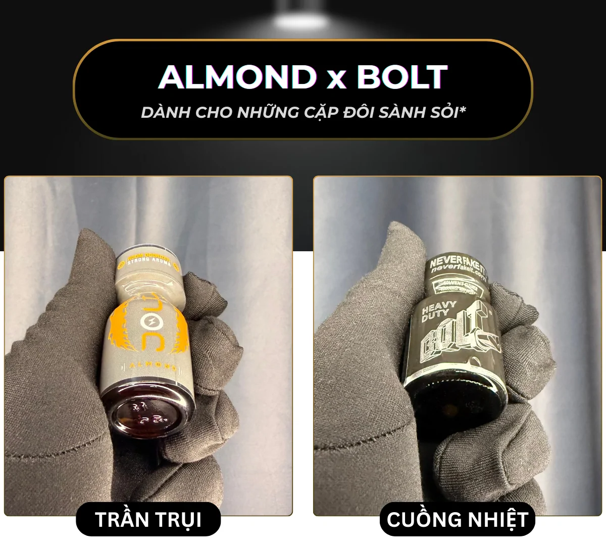 Hình ảnh là 2 chai popper Jolt Almond và Bolt, tất cả đều dung tích 10ml. Đây là nhóm sản phẩm thứ hai thuộc combo "Almond x Bolt"