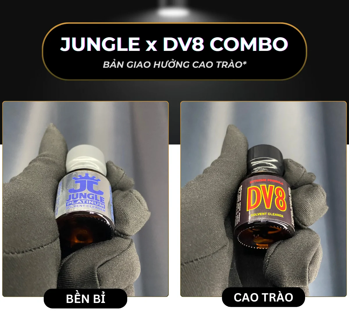 Hình ảnh là 2 chai popper Jungle Platinum và DV8, tất cả đều dung tích 10ml. Đây là nhóm sản phẩm thứ ba (cuối cùng) thuộc combo "JUNGLE x DV8"