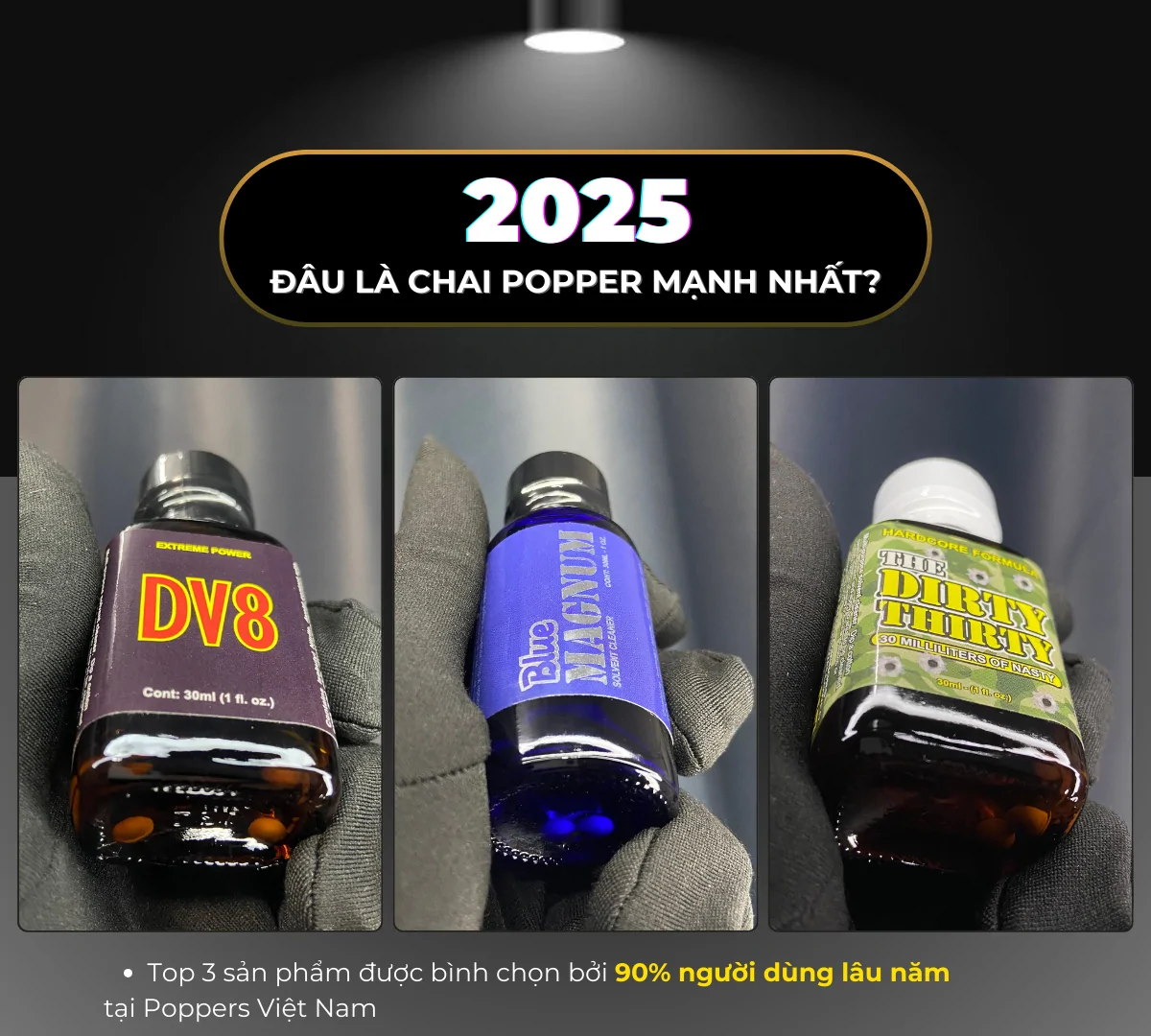 Hình ảnh 3 chai poppers mạnh nhất 2025 do người dùng bình chọn: DV8 - Blue Magnum - Dirty Thirty