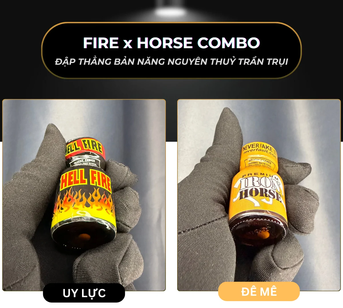 Hình ảnh là 2 chai popper Hell Fire và Toro 10ml thuộc combo thứ 3 (cuối cùng): "FIRE x HORSE". Chai poper Hell Fire được thiết kế với màu đỏ (có chi tiết ngọn lửa) được đặt song song với Iron Horse (có chi tiết con ngựa) màu cam.