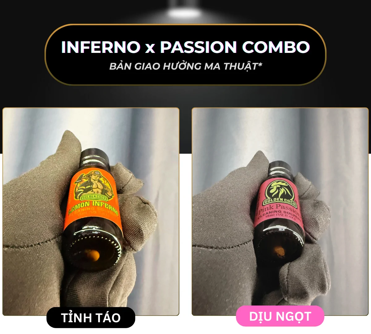 Hình ảnh là 2 chai popper Golden Cock Lemon Inferno và Golden Cock Pink Passion 15ml thuộc combo thứ 2: "INFERNO x PASSION". Chai poper Lemon Inferno được thiết kế với màu đỏ được đặt song song với Pink passion màu hồng.