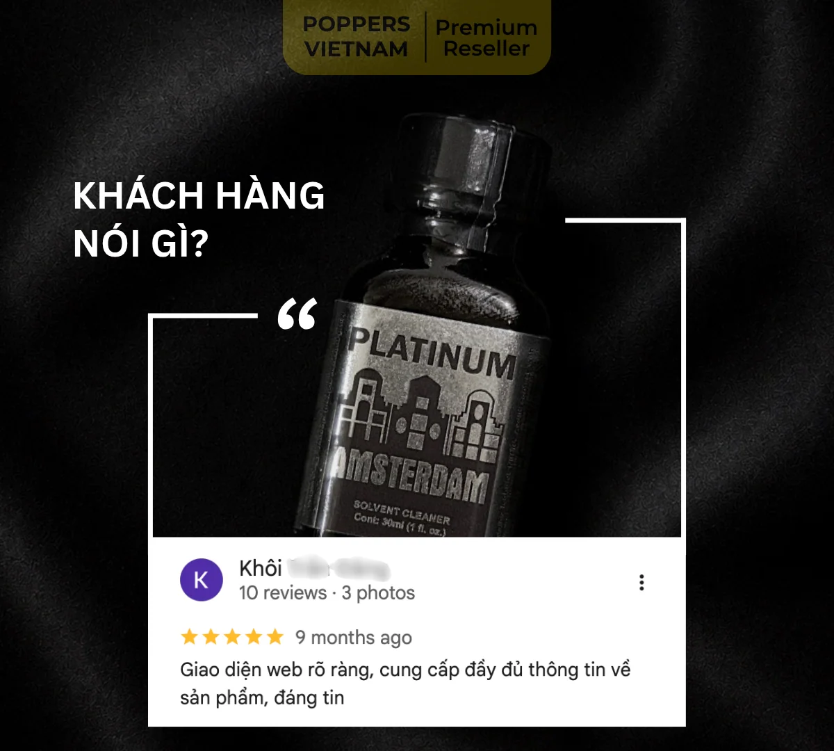 Hình ảnh là chai popper đầu tiên của nhóm phê lâu: Amsterdam Platinum 30ml kèm feedback của khách hàng trên Google Maps.