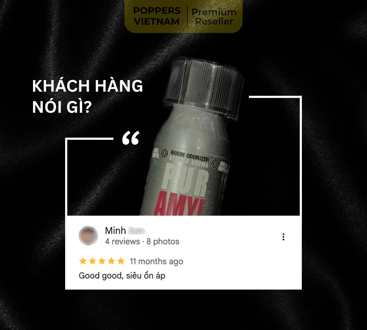 Hình ảnh là chai popper cuối cùng của nhóm phê lâu: Jolt Amyl 25ml kèm feedback của khách hàng trên Google Maps.