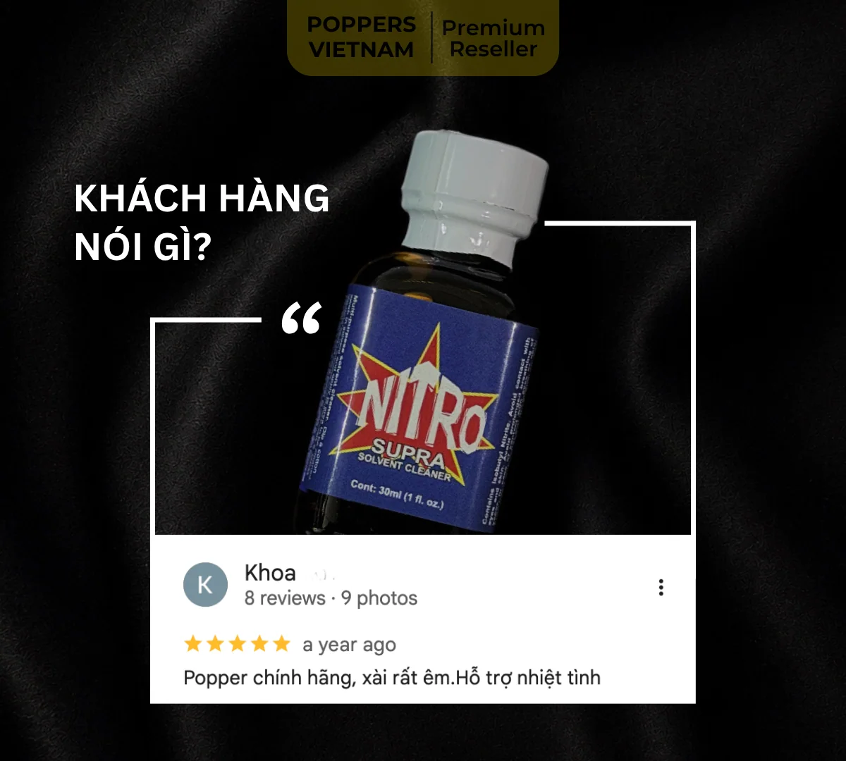 Hình ảnh là chai popper thứ 2 của nhóm phê lâu: Nitro 30ml kèm feedback của khách hàng trên Google Maps.