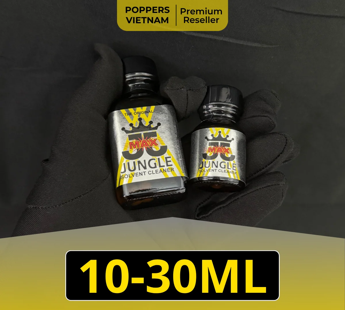 Hình ảnh là 2 chai popper Jungle Max 10ml và 30ml.