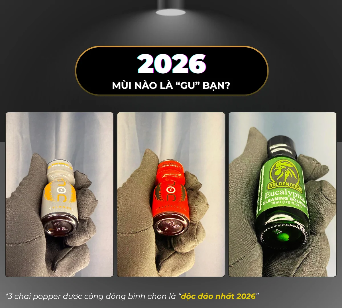 Hình chụp là 3 chai poppers trong bộ sưu tập thơm nhất 2025 của Poppers Việt Nam, các sản phẩm bao gồm: Jolt Amond, Jolt raspberry và Golden Cock Eucalyptus. Các sản phẩm được chụp bởi Poppers Việt Nam bằng máy ảnh kỹ thuật cao.