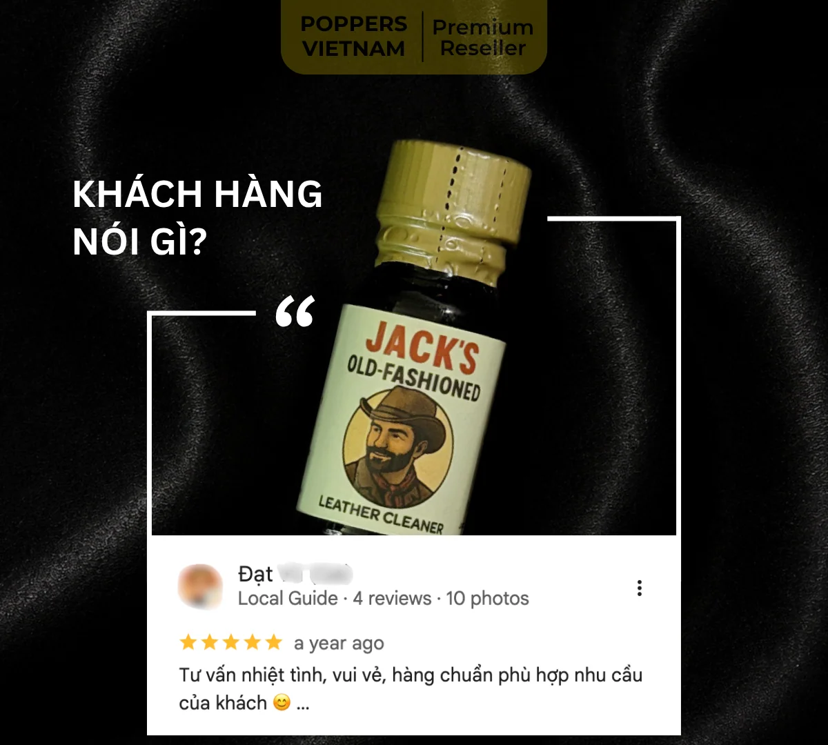 Hình ảnh cận cảnh chai popper Jack Old Fashioned 10ml kèm feedback thực tế của khách hàng trên Google maps.