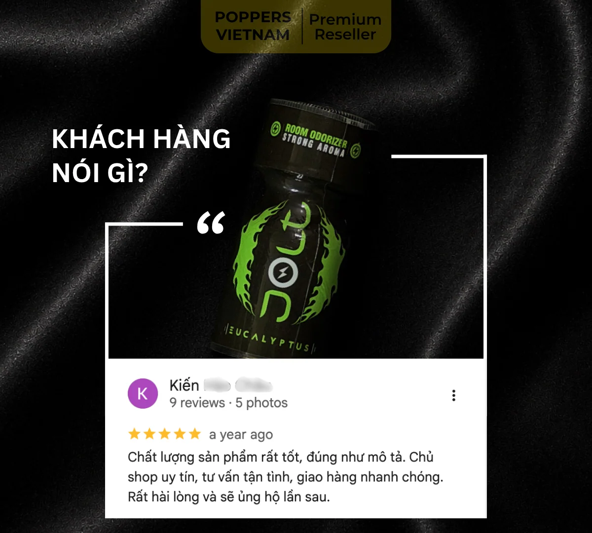 Hình ảnh cận cảnh chai popper Jolt Eucalyptus 10ml kèm feedback thực tế của khách hàng trên Google maps.