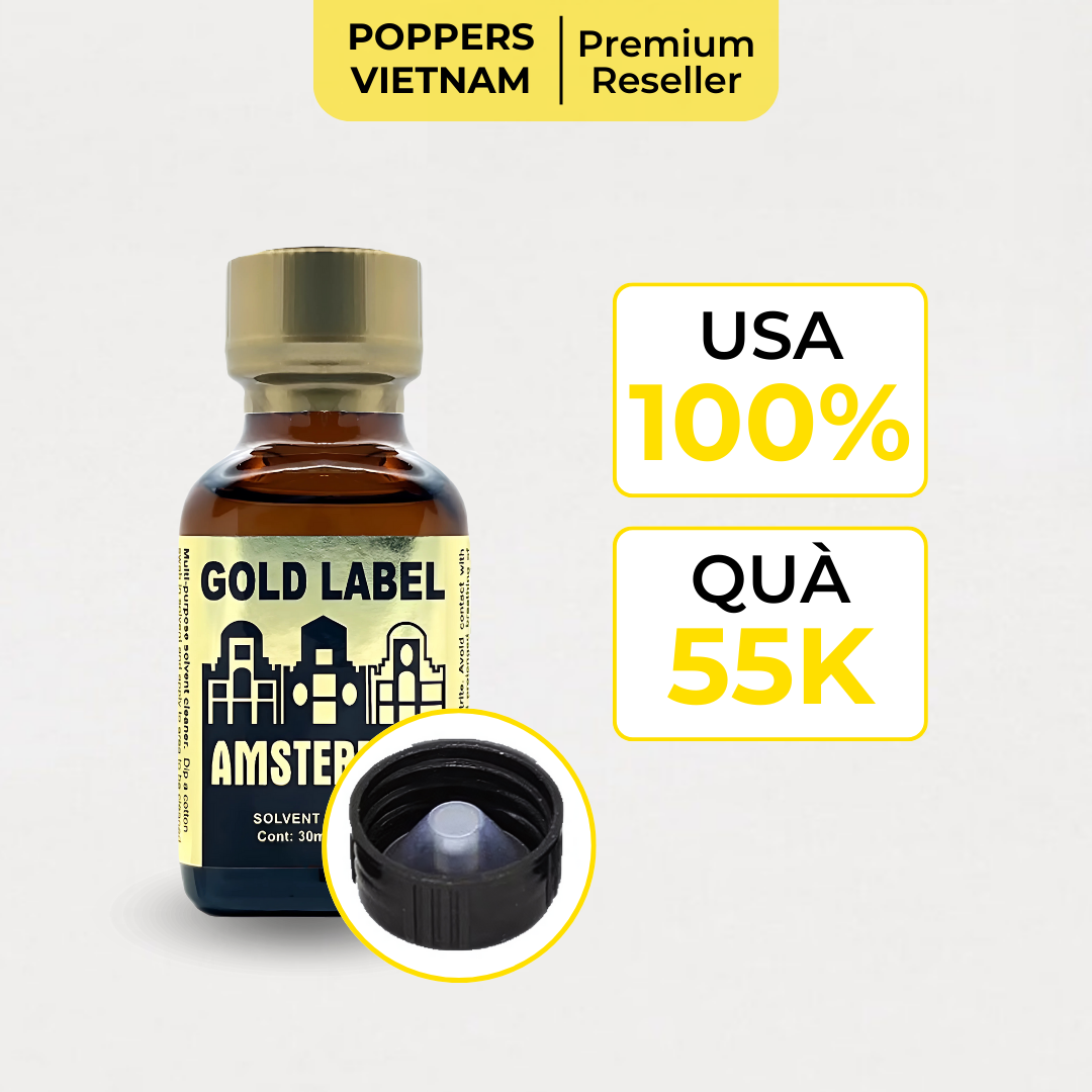 Chai popper Gold Label Amsterdam 30ml chính hãng từ Mỹ, kèm quà tặng trị giá 55K, nổi bật với nắp đen có hai lớp được thiết kế đặc trưng.