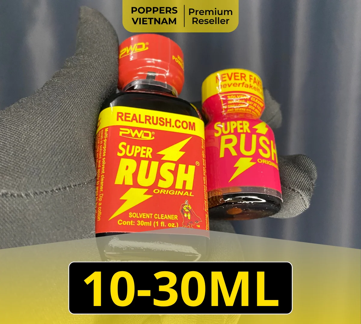 Hình ảnh là 2 chai popper Super Rush 10ml và 30ml tại Hà Nội.