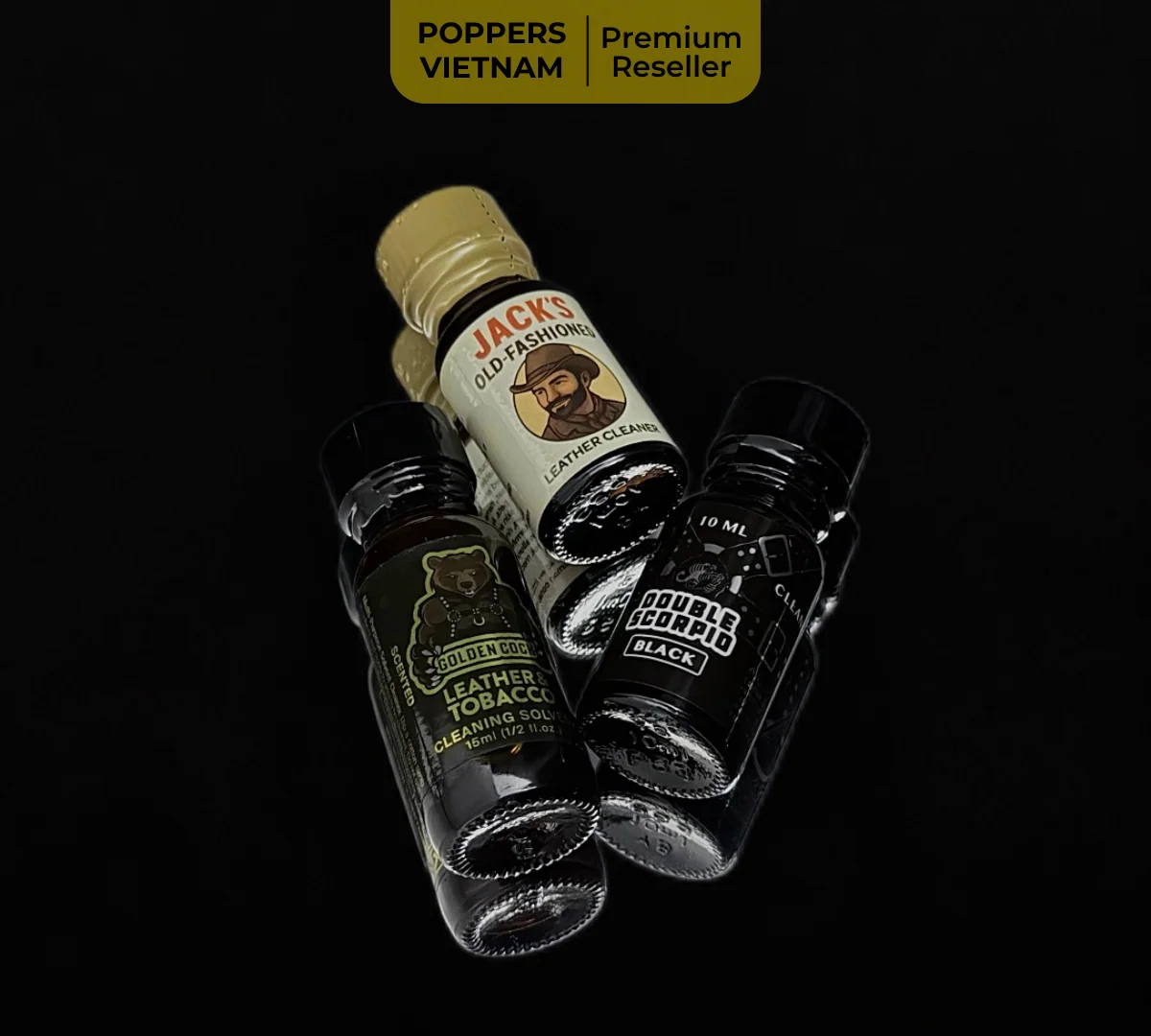 Hình ảnh là 3 chai poppers mùi Leather được Poppers Việt Nam review: Jack Old Fashioned, Double Scorpio Black và Golden cock leather & tobacco.