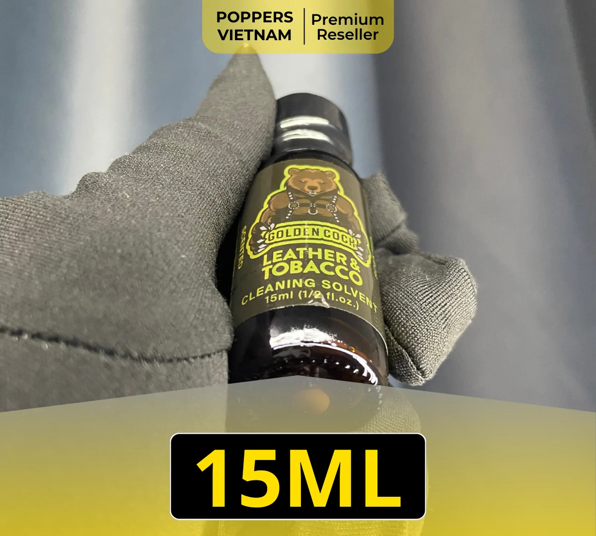 Chai poppers cuối cùng trong danh sách bán chạy là Golden Cock Leather & Tobacco 15ml - được yêu thích bởi một mùi độc đáo, nam tính và sâu lắng, một trải nghiệm khác biệt, để lại dấu ấn khó phai.