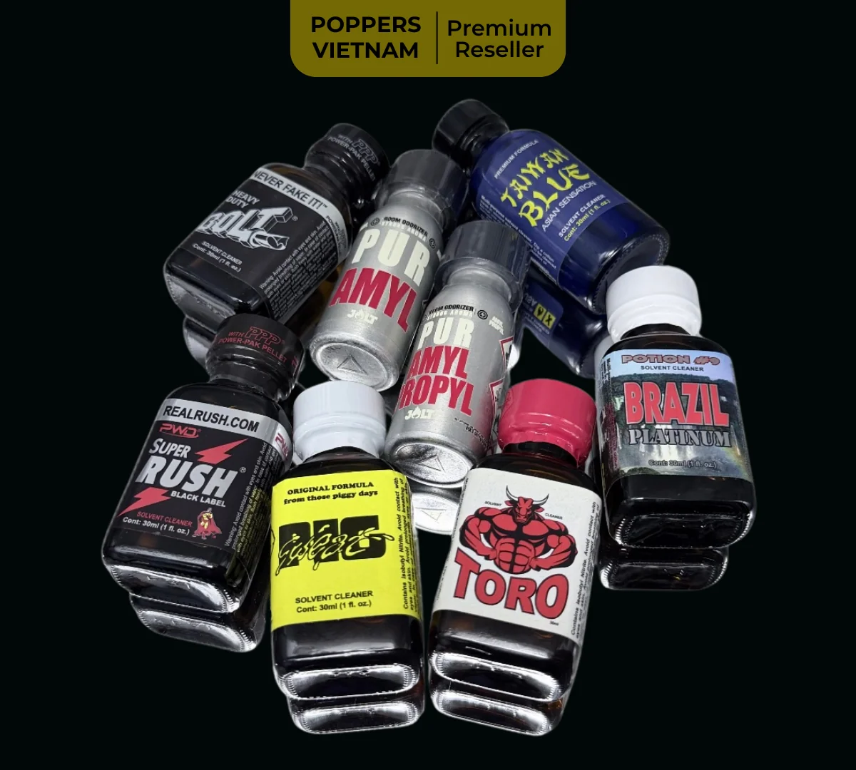 Hình ảnh là nhóm các chai poppers có mùi đậm đặc, các sản phẩm đại diện bao gồm các loại phổ thông nhất hiện nay như: Jolt (Amyl/ Propyl/ Mix,  Pwd (Rush/ Bolt/ Locker/,..), Diantre (Jungle/ Pig/ Brazil/,..), Iso - Solv (Super 96/ Leather Eagle/,...),...