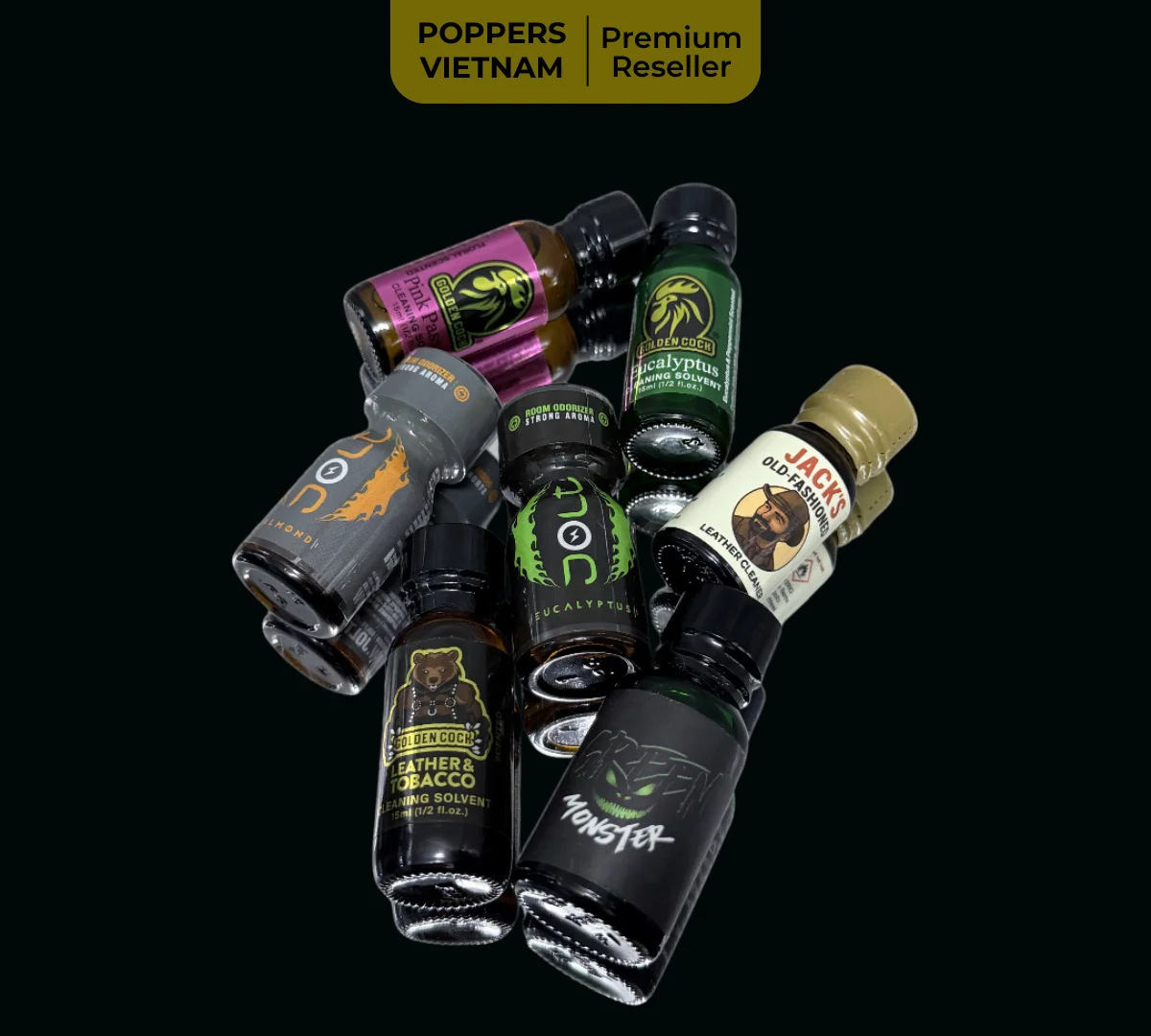Hình ảnh là nhóm các chai poppers được pha thêm hương liệu để át đi mùi dung môi gốc, các sản phẩm đại diện bao gồm: Jack Old - Fashioned, Golden Cock (Tobacco, Eucalyptus, Pink Passion,..), Jolt (Almond/ Eucalyptus/ Lady,...), Sub - Zero (Green Monster/ Snapforst/ Black Ice/,..),...