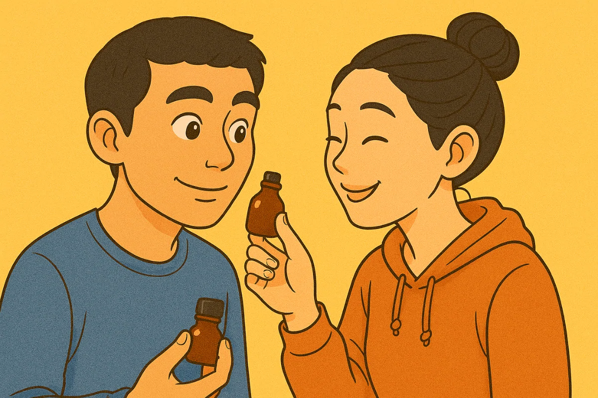 Nam và nữ cùng ngửi lọ poppers màu nâu – thể hiện phản ứng khác nhau với mùi hương poppers từ Mỹ.