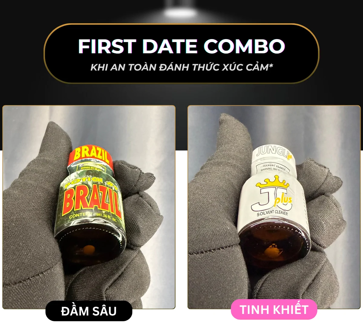 Hình ảnh là 2 chai popper Brazil và Jungle Plus 10ml thuộc combo đầu tiên: "First date". Chai poper Brazil được thiết kế với màu xanh nhiệt đới được đặt song song với Jungle Plus màu ngọc bích.