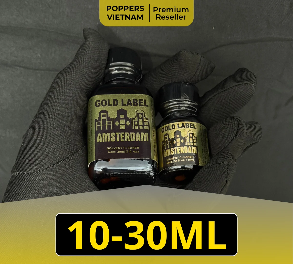 Hình ảnh 2 chai popper Amsterdam Gold 10ml và 30ml.
