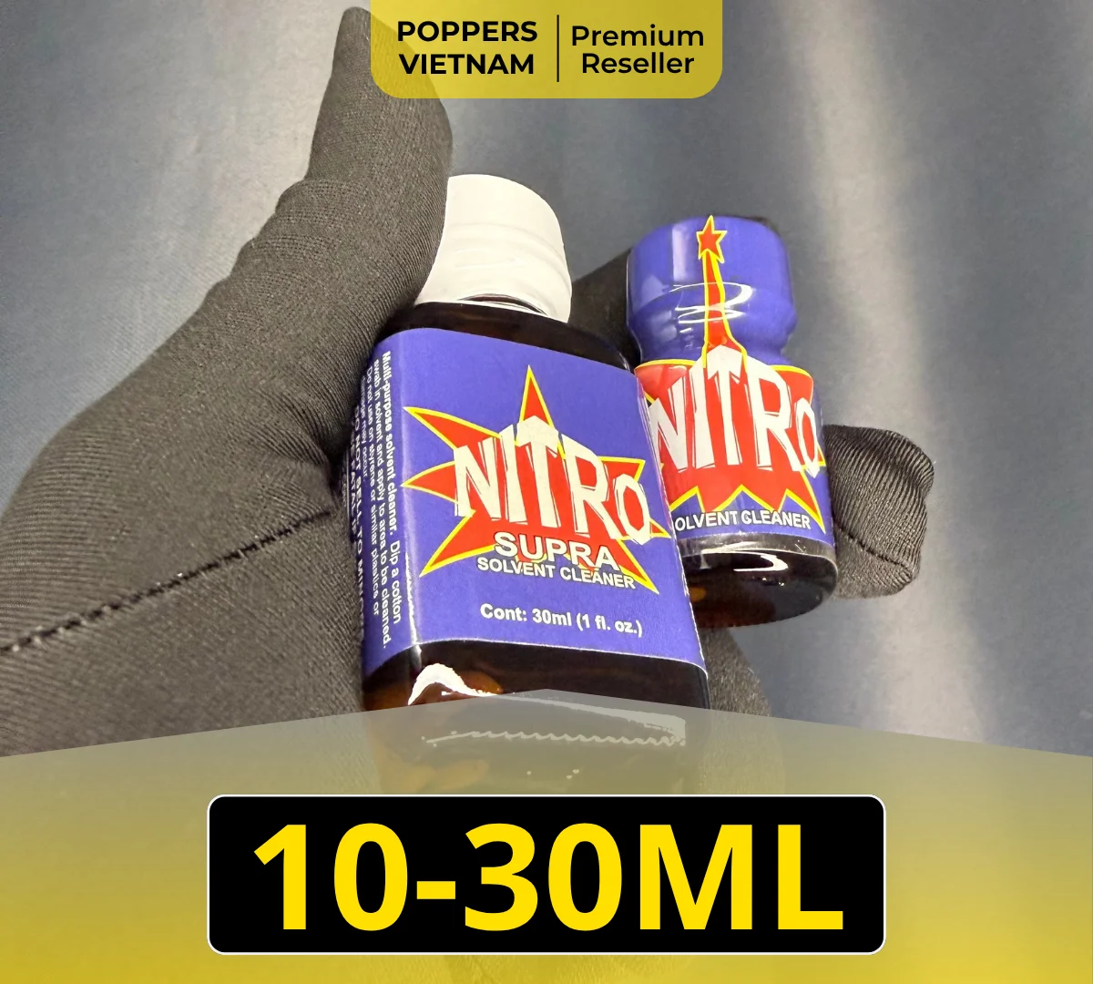 Hình ảnh là 2 chai popper Nitro 10ml và 30ml.