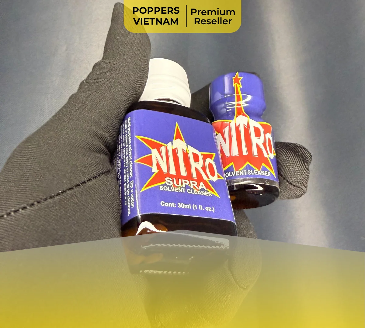 Hình ảnh là 2 chai popper Nitro 10ml và 30ml. Nhãn chai với thiết kế màu xanh dương là chủ đạo.