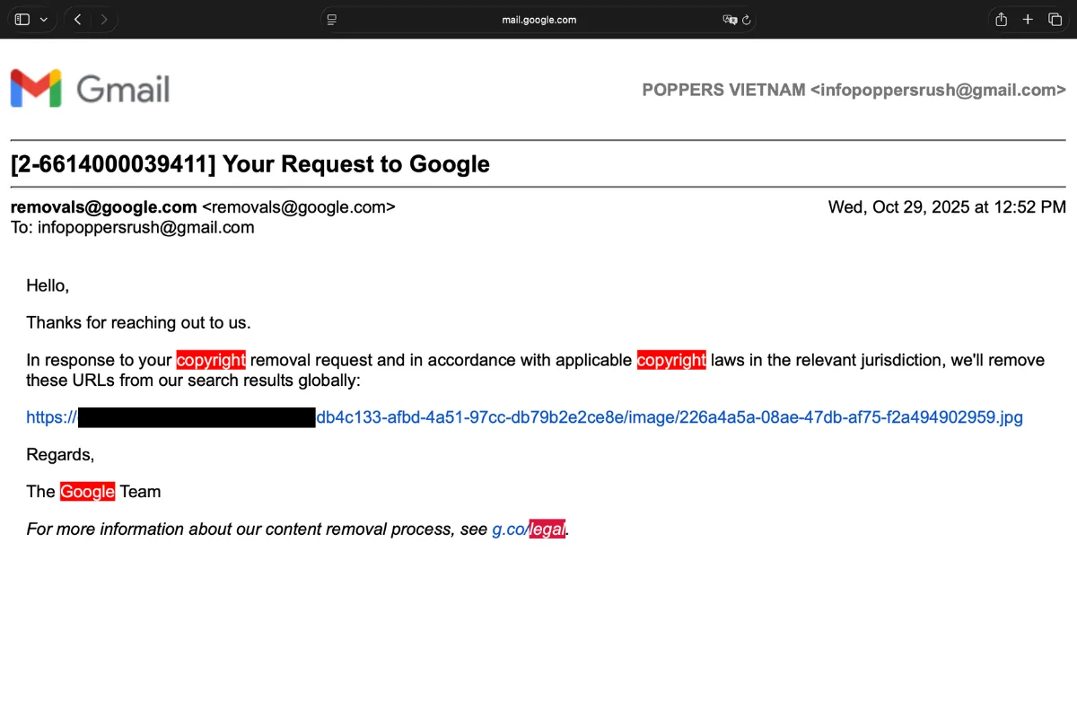 Ảnh chụp màn hình Email thể hiện Google đã xử lý website ăn cắp nội dung của Poppers Việt Nam và bị loại bỏ chúng khỏi chỉ mục trên toàn cầu.