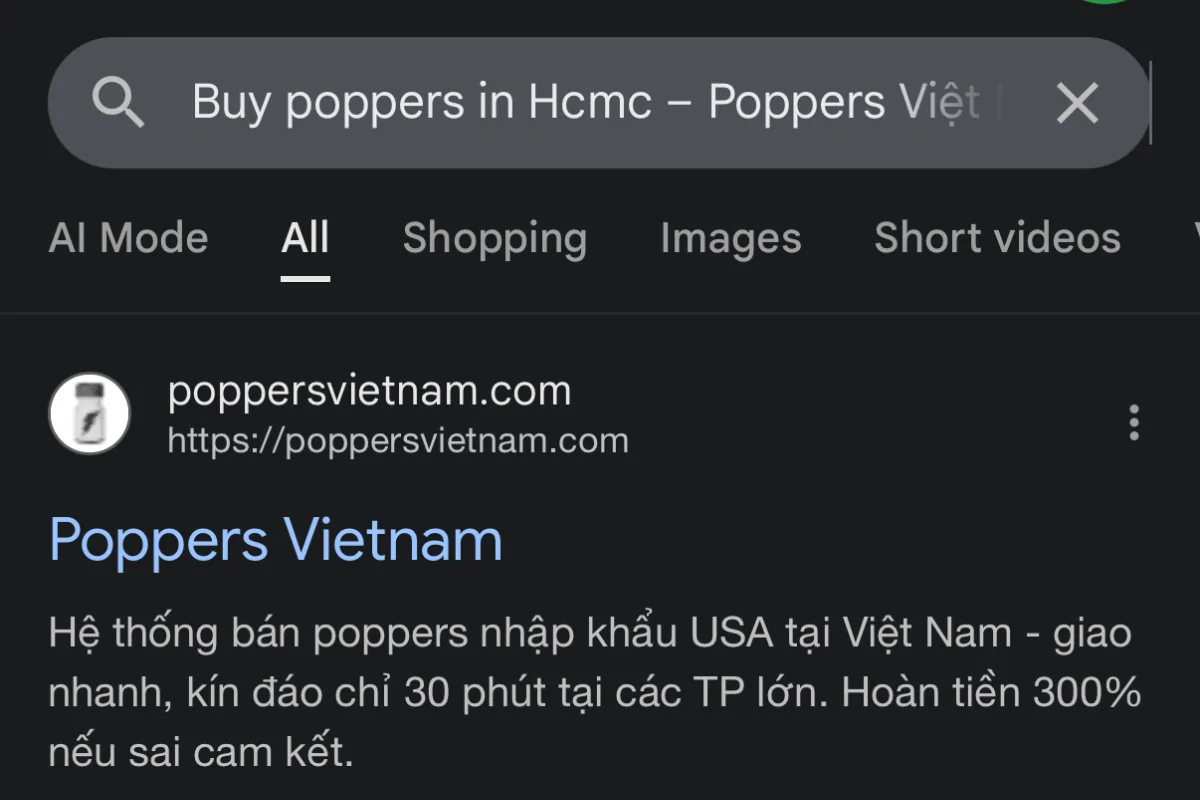 Poppers Vietnam ranks #1 on Google search results for the query 'Buy poppers in HCMC - Poppers Việt Nam"