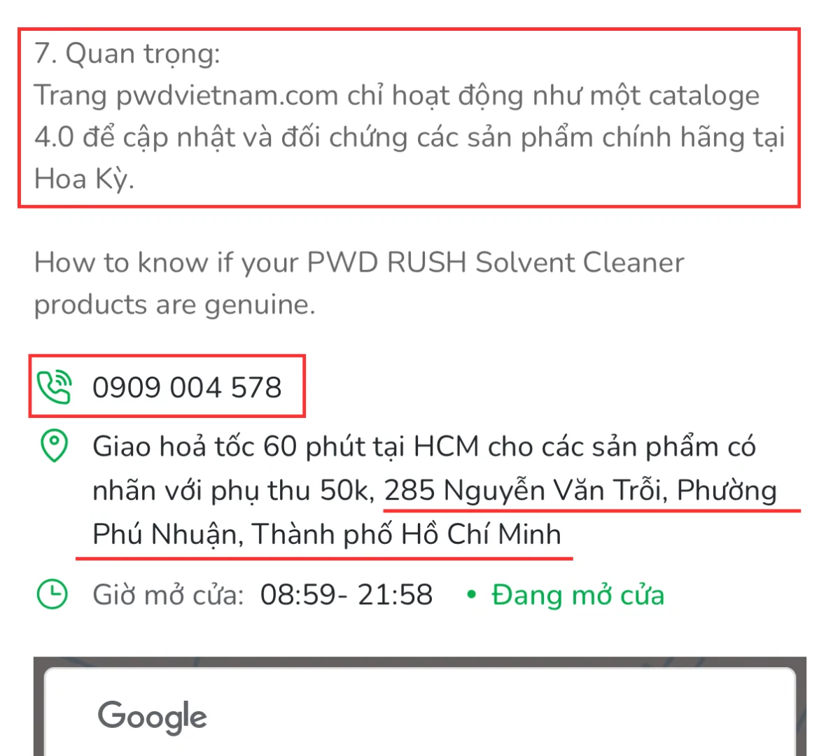 Ảnh chụp màn hình từ "thông tin cửa hàng" trên trang web pwdvietnam.com. Trong đây chức các nội dung quan trọng như: "Quan trọng: Trang pwdvietnam.com chỉ hoạt động như một cataloge 4.0 để cập nhật và đối chứng...", "địa chỉ tại 285 Nguyễn Văn Trỗi, Phường Phú Nhuận.", "số điện thoại 0909 004 578",...