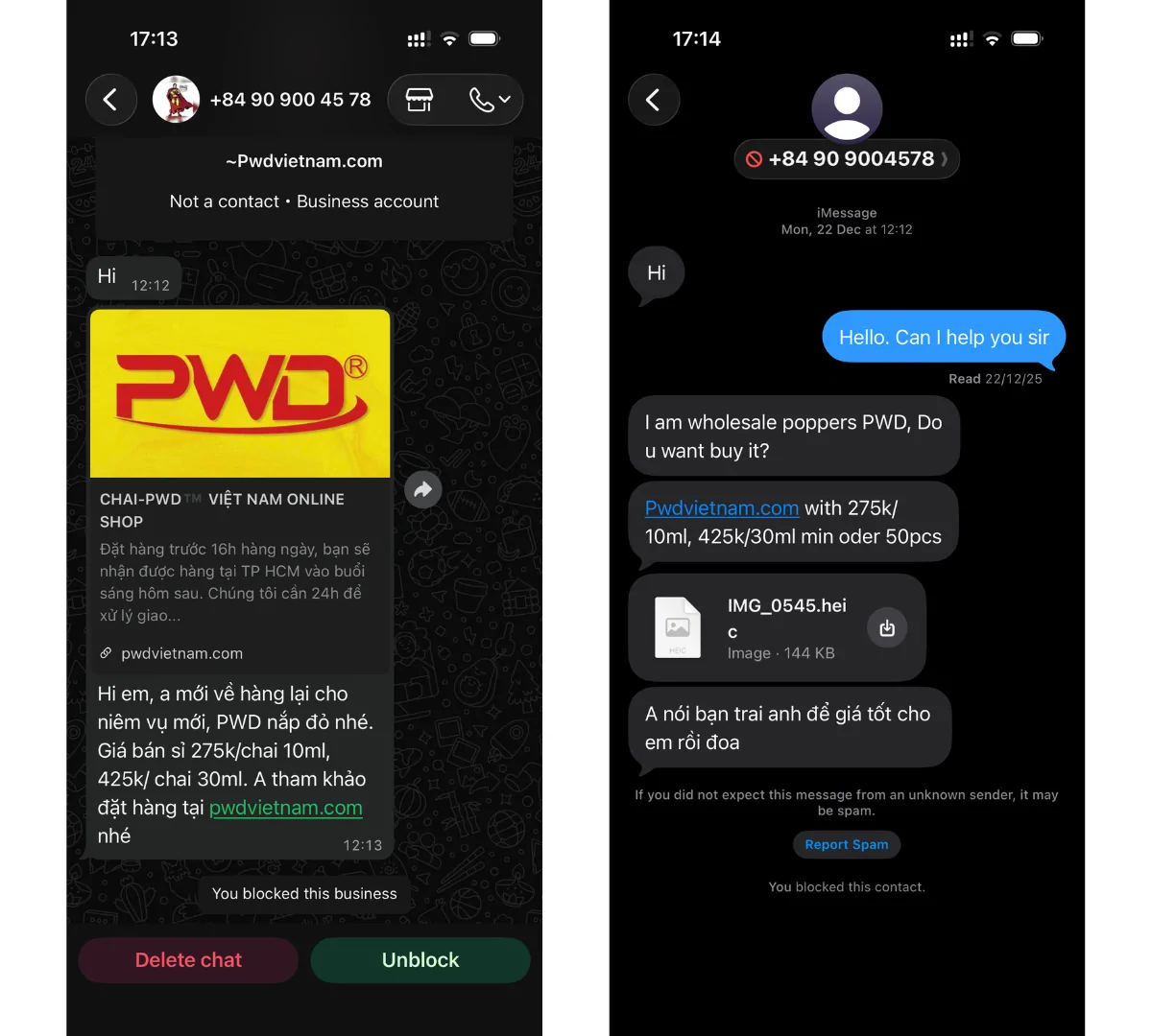 pwdvietnam.com và các lời mời nhập sỉ với poppersvietnam.com và bị poppersvietnam.com chặn liền lạc (block). Ảnh chụp màn hình từ Whatsapp và SMS (từ số điện thoại 0909004578)