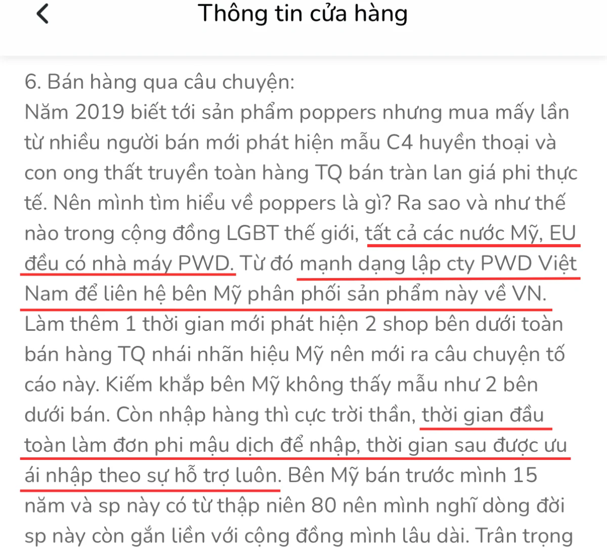 Ảnh chụp màn hình từ "thông tin cửa hàng" trên trang web pwdvietnam.com. Trong đây chức các nội dung quan trọng như: "Tất cả các nước Mỹ, EU đều có nhà máy PWD", "Trang chủ chính thức", "Thời gian đầu toàn làm đơn phi mậu dịch để nhập, thời gian sau được ưu ái nhập theo sự hỗ trợ luôn.",...
