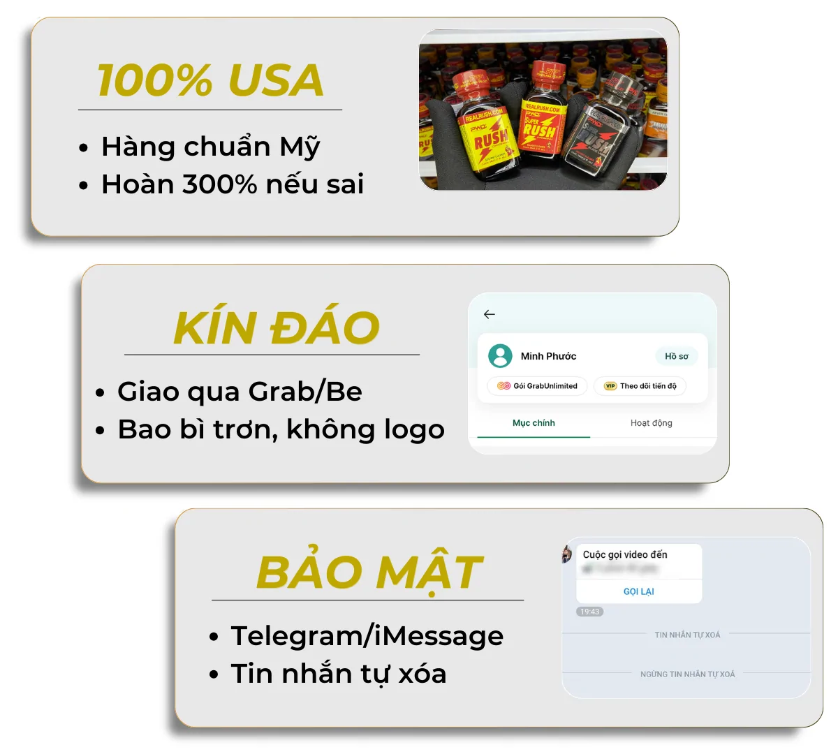 Hình ảnh miêu tả quá trình đặt hàng tại Poppers Việt Nam: Chọn sản phẩm-> Gửi thông tin nhận hàng qua mạng xã hội-> Nhận hàng hoả tốc bằng Grab, Be, Ahamove,..-> Thông tin khách hàng được mã hoá bằng tịn nhắn tự xoá của Telegram, Imessage.