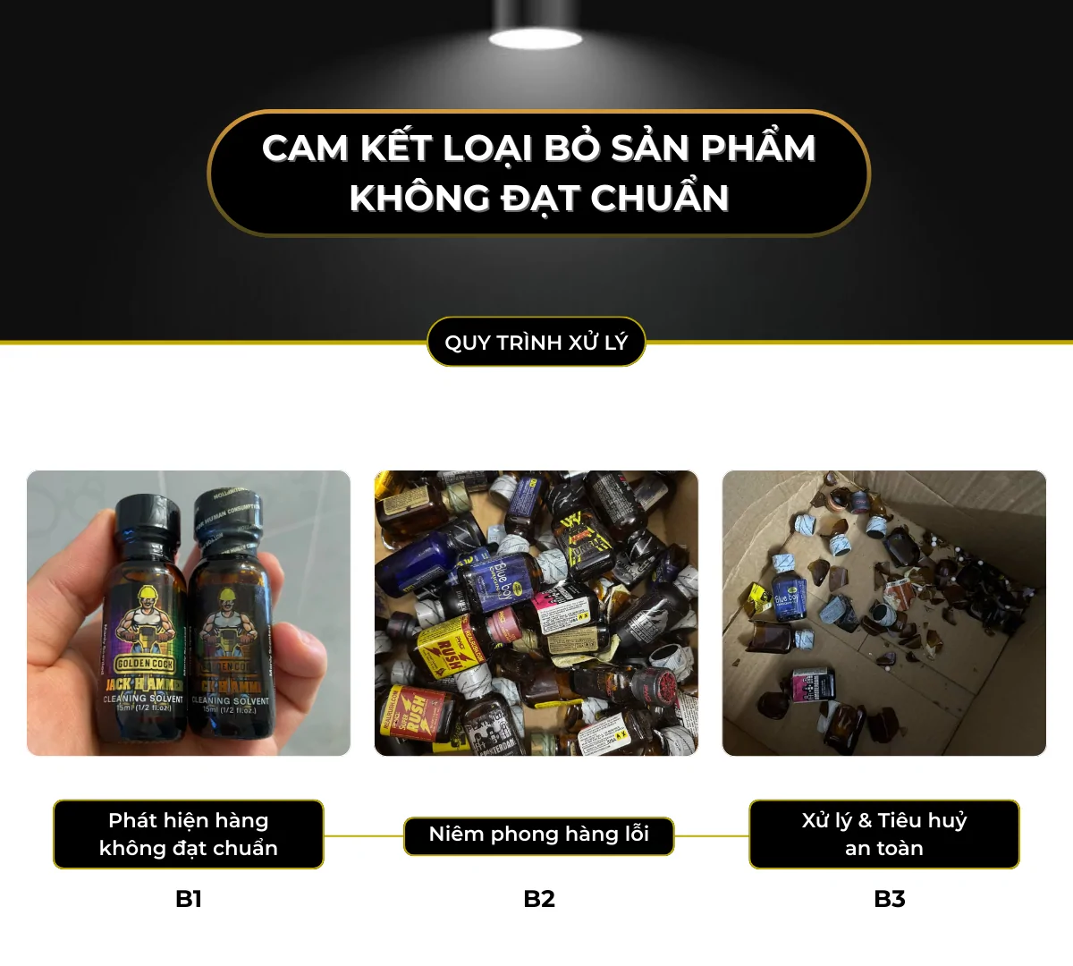 Quy trình xử lý poppers không đạt chuẩn tại Poppers Việt Nam – phát hiện, niêm phong và tiêu hủy an toàn, cam kết 100% hàng chính hãng