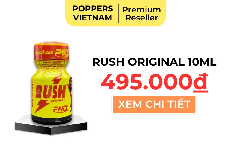 Hình ảnh chai poppers Rush Original 10ml chính hãng – màu vàng đỏ đặc trưng, thuộc nhóm mùi cay đậm và mạnh.