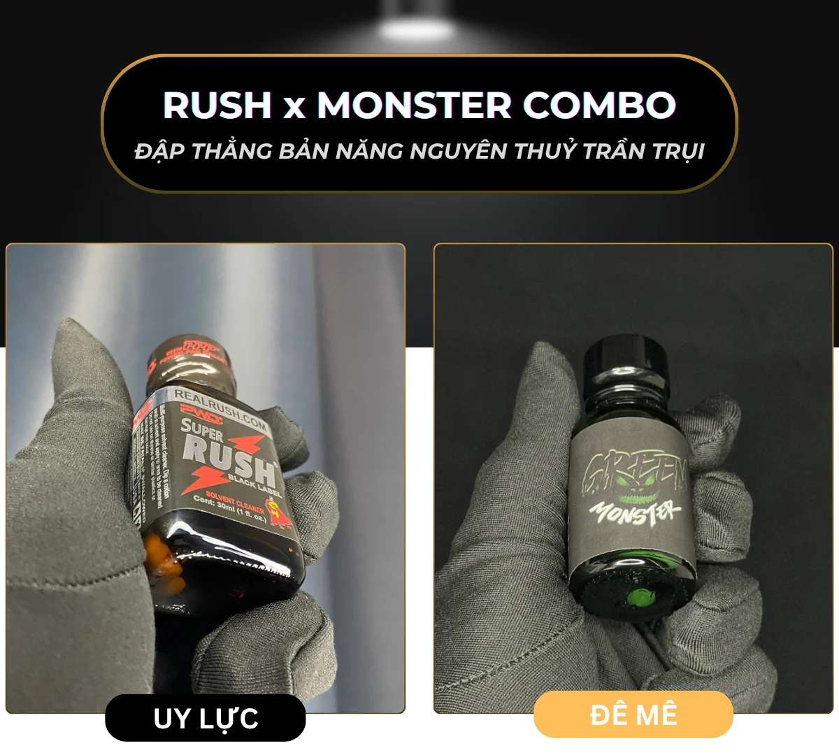 2 chai popper Rush Black và Green Monster đại diện cho combo thứ 2: Rush x Monster