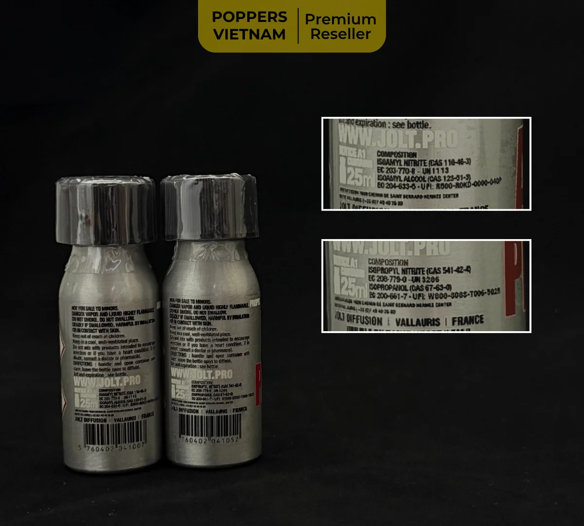 Hình ảnh cận cảnh 2 chai poppers của thương hiệu Jolt bẳng nhôm chứa Propyl (CAS 541-24-4) và Amyl (CAS 110-46-3). Ảnh được chụp bởi Poppers Việt Nam.