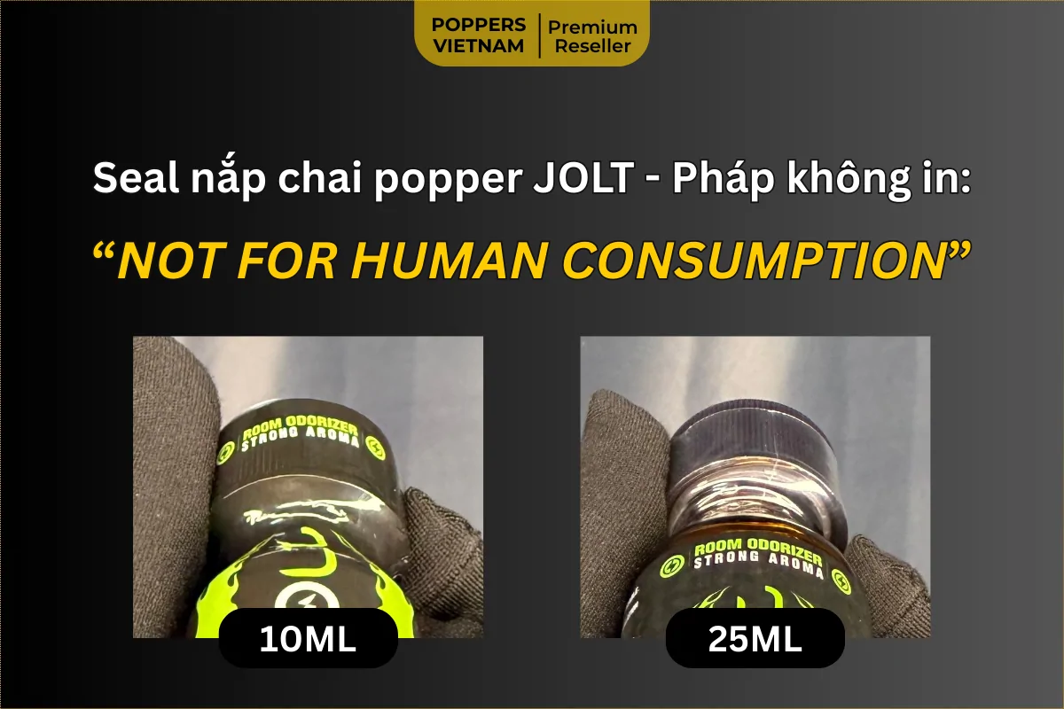 Hình ảnh cận cảnh seal nắp 2 chai popper JOLT Eucalyptus - không in "Not for Human Consumption”