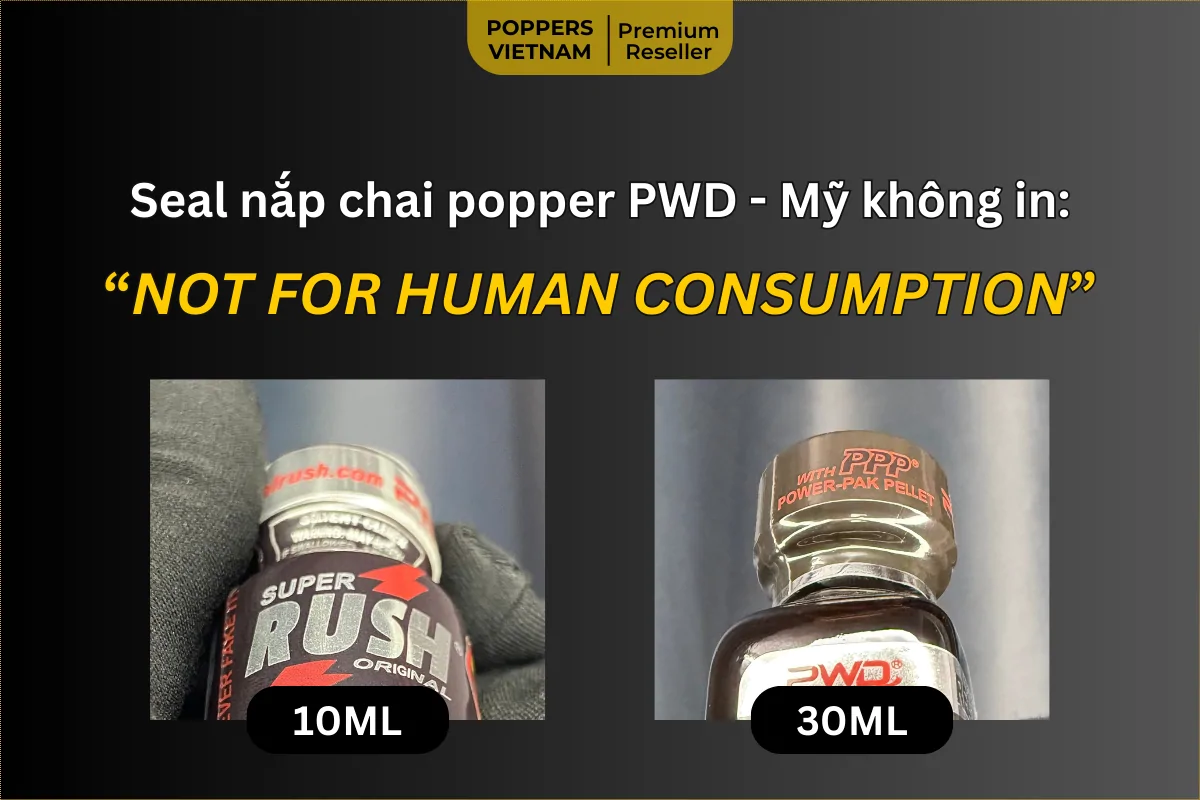 Hình ảnh cận cảnh seal nắp 2 chai popper PWD Rush Black - không in "Not for Human Consumption”