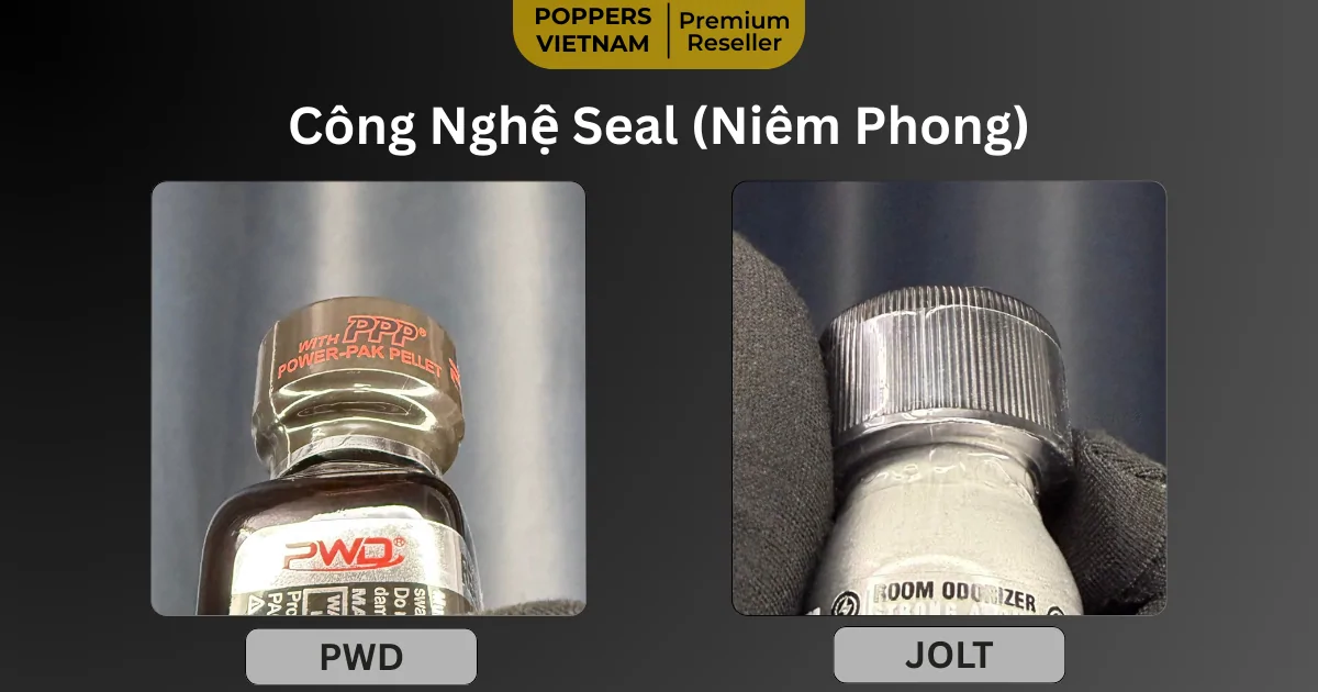 Hình ảnh cận cảnh 2 seal nắp chai poppers: Rush Black (PWD) 30ml màng co dày dặn (in thương hiệu) bao quanh nắp và Pure Amyl (JOLT) 25ml màng co siêu mỏng bao quanh.