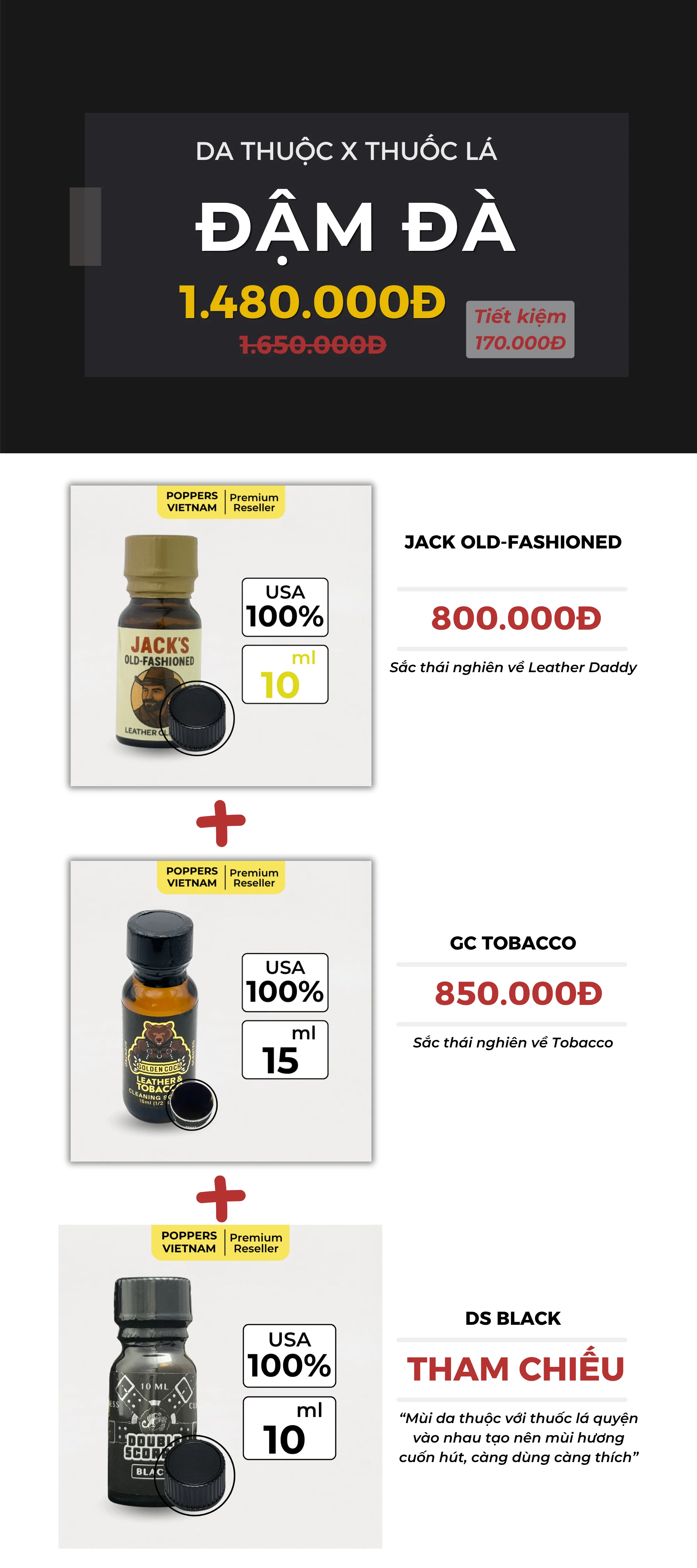 Hình ảnh so sánh nhanh 3 chai popper Jack, Leather & Tobacco và Black kèm giá tiền 1.480.000đ.