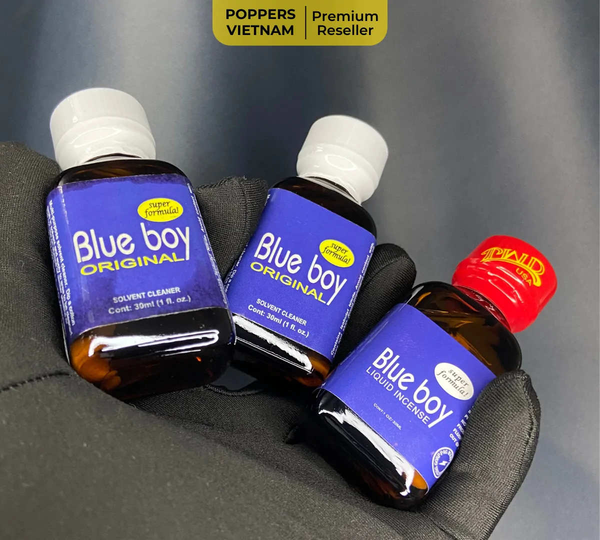 Poppers Blue Boy chính hãng Mỹ dung tích 30ml – ví dụ sản phẩm dòng Outlet, chỉ lỗi nhẹ ngoại hình, seal nguyên, chất lượng chuẩn như mới